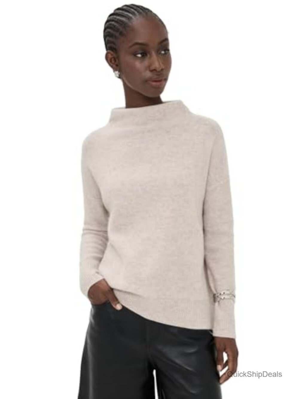 Women's Boiled Cashmere Funnel Neck Pullover Mock Neck Long Sleeve Sweater